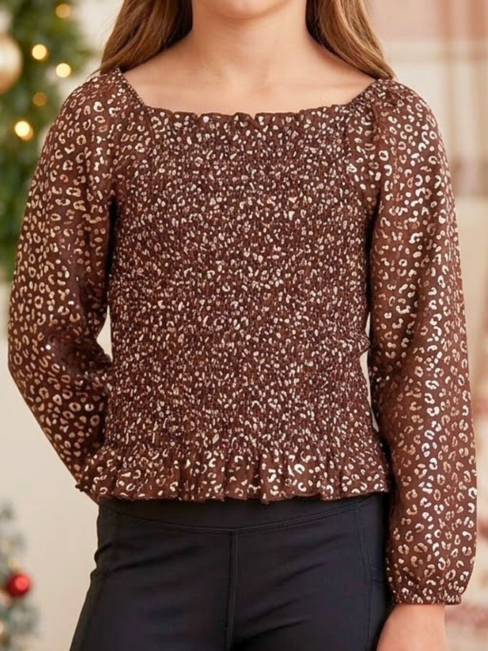 Girls Foil Leopard Top ERGE Designs Smocked NWT L